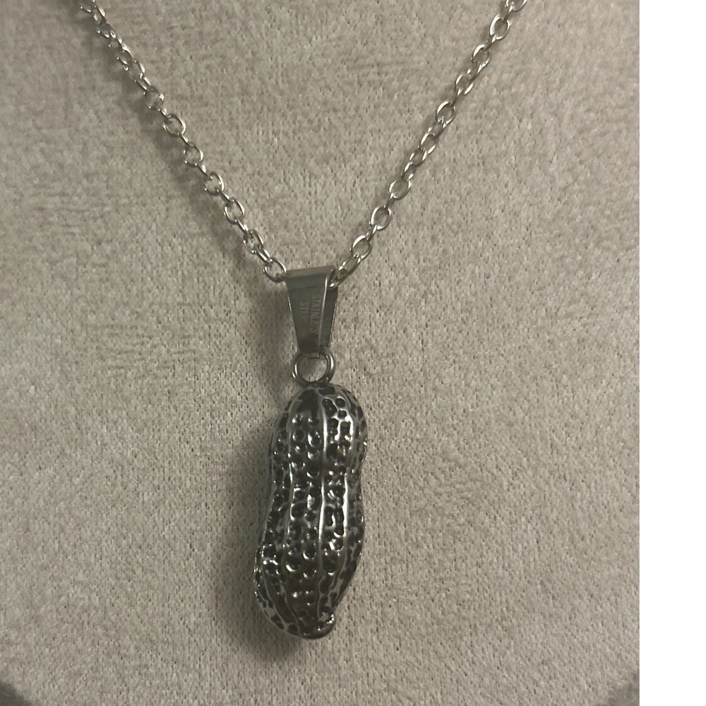 Stainless Steel Peanut‎ Pendant Necklace Silver Tone Textured Food Jewelry